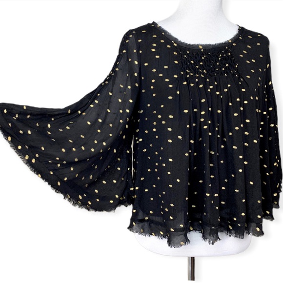 Anthropologie Floreat Everafter Black Gold Polka Dot Bell Sleeve Swing Blouse - Picture 7 of 14